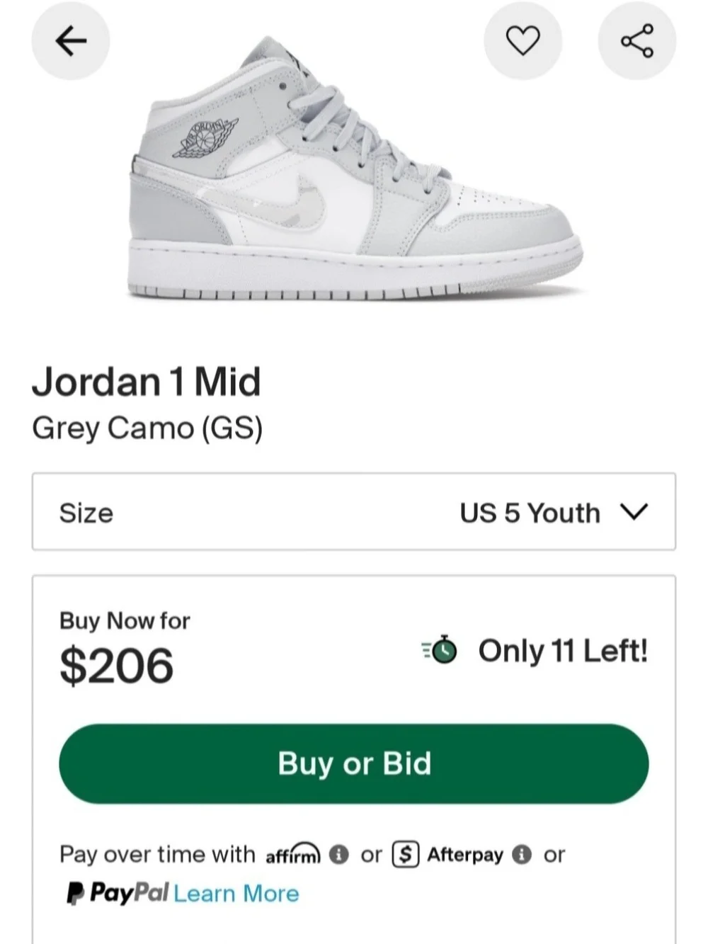 Air Jordan 1 Mid Grey Camo size 5y